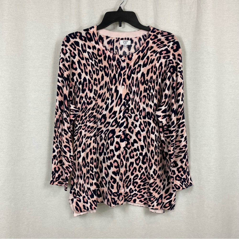 Crown & Ivy Pink and Black Animal Print Cardigan Sweater